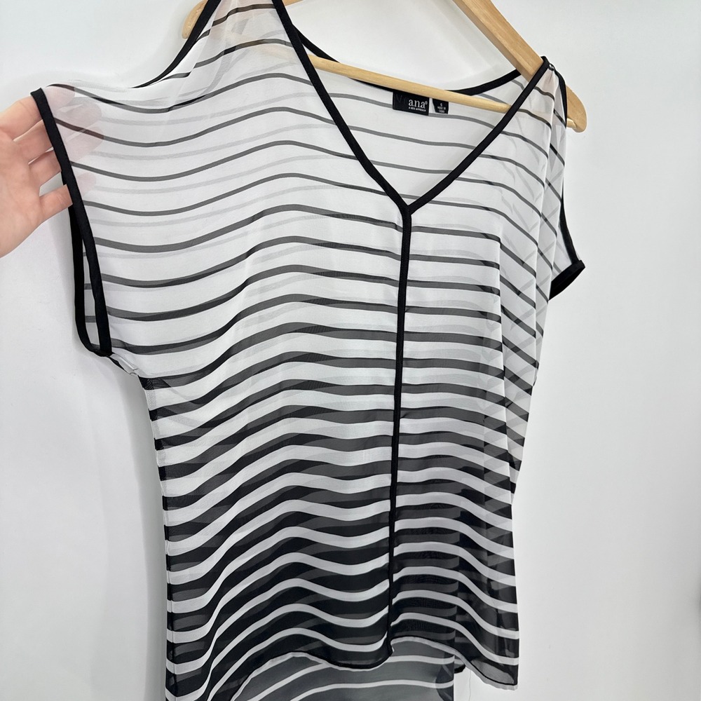 ANA A New Approach Women's Sheer Striped Cold Shoulder V Neck Top‎ Size S - Picture 6 of 9